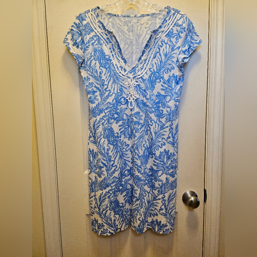 Lilly Pulitzer Brewster Dress Resort White Blue Lounge Size XS Mermaid Nautical